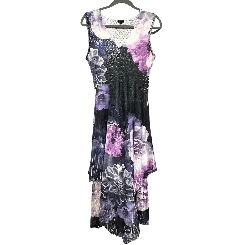 Komarov Purple Crinkle Y2K Floral Pleated Handkerchief Hem Dress Small